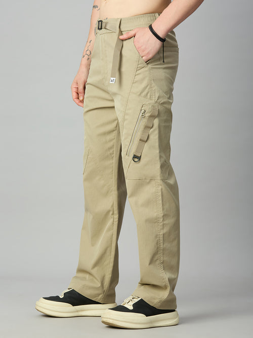 Men's premium Tencel cargo pants featuring utility pockets and relaxed baggy fit – left side view