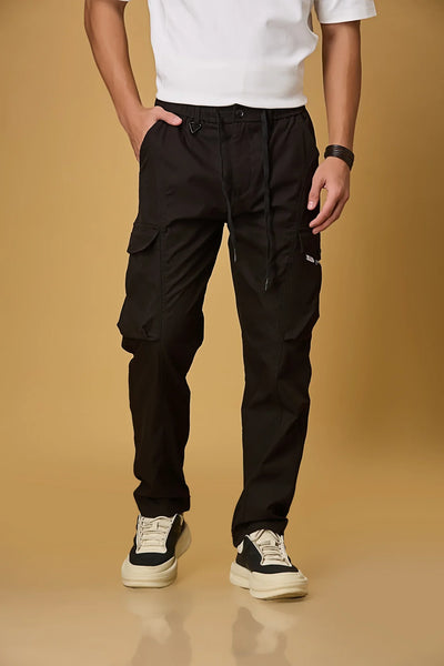 Men’s Black polyester cargo pants front view – casual fit trousers with waist string.