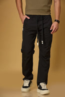 Men’s Black polyester pants front view – comfort fit stretchable trousers with waist strings.