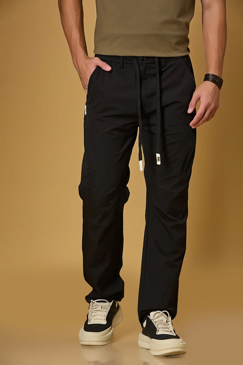 Men’s Black polyester pants front view – comfort fit stretchable trousers with waist strings.