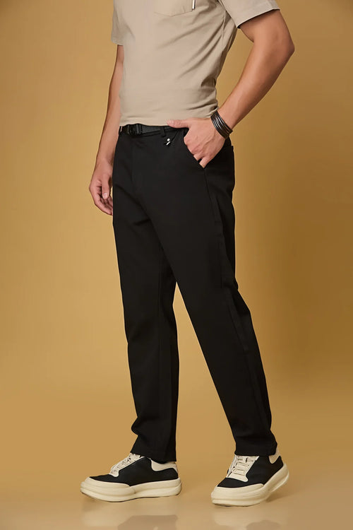 Side view of Black straight fit formal trousers for men – LOFA stretchable Tencel cotton spandex blend with belt detail.