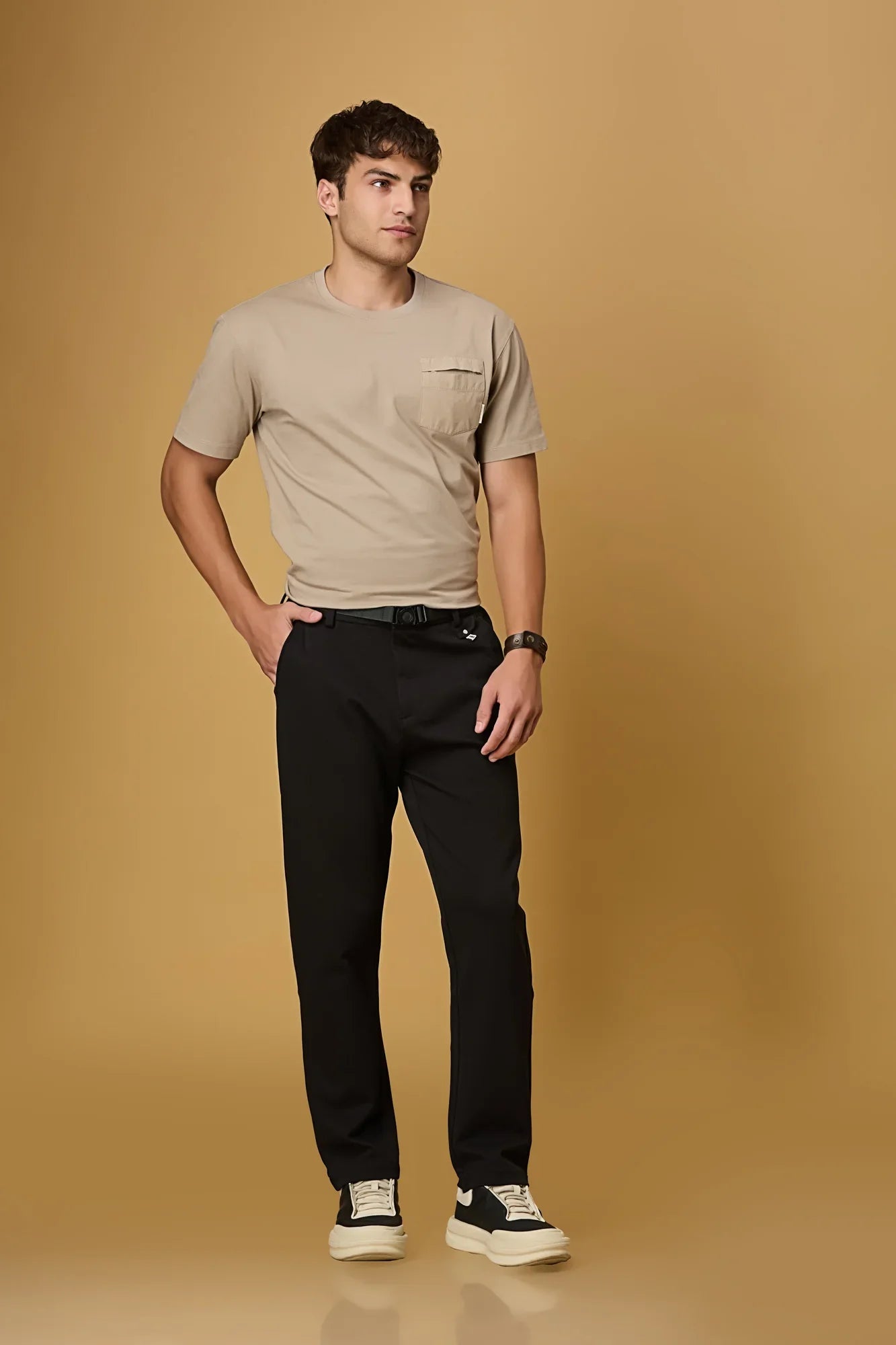 Model wearing LOFA Black straight fit stretchable trousers – effortless comfort and timeless style for modern professionals.