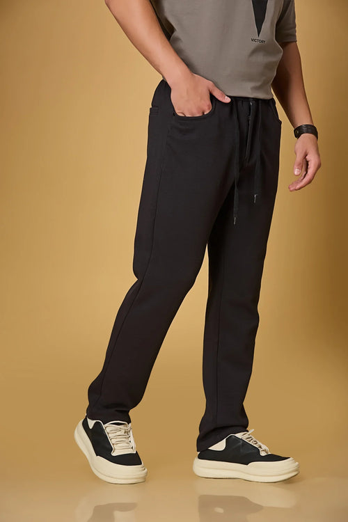 Side View of Navy Blue Relaxed Fit Trousers with Waist String – LOFA