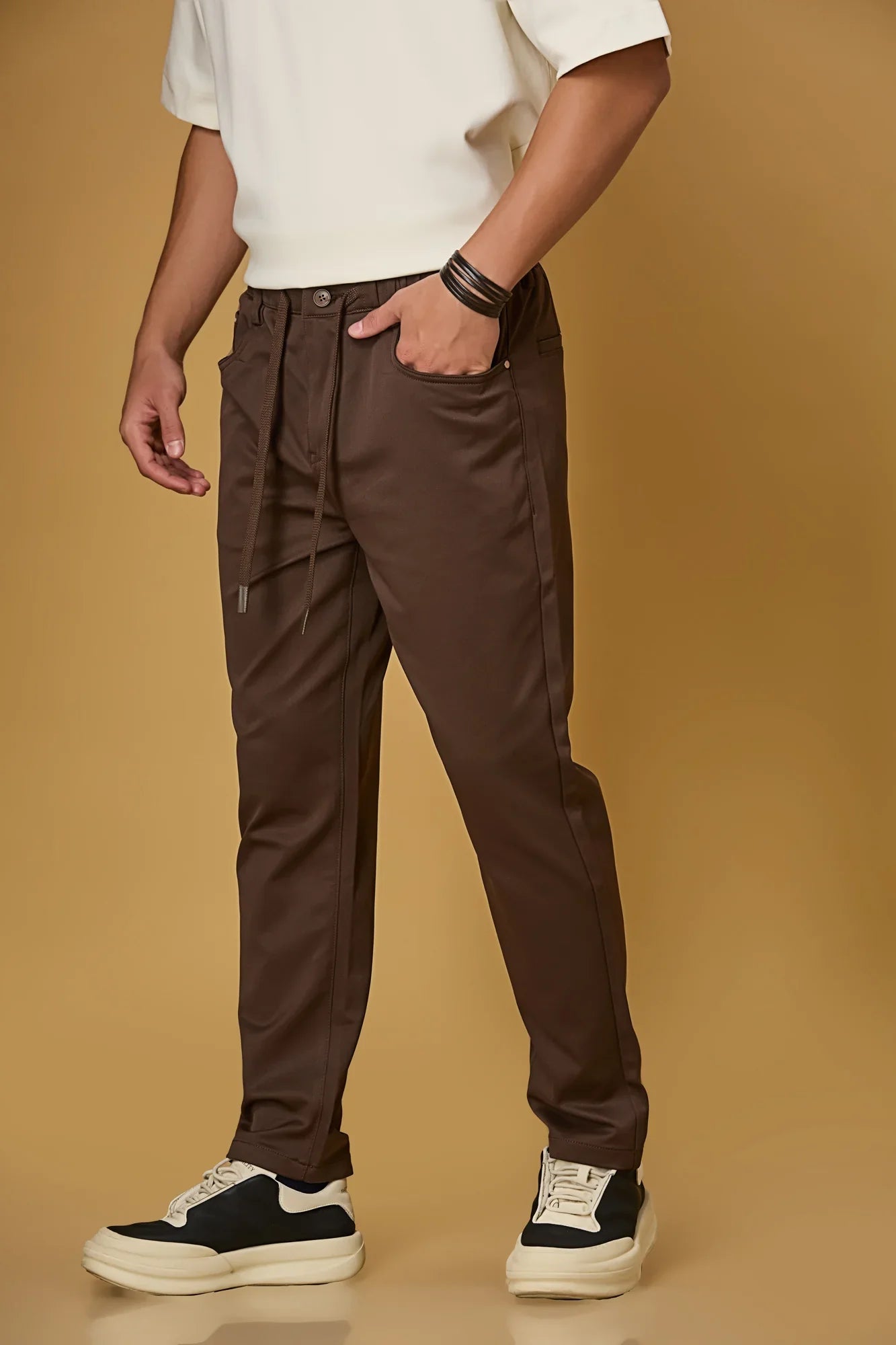 Comfort Fit Coffee Brown Casual Trousers