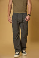 Men’s Grey polyester pants front view – comfort fit stretchable trousers with waist strings.