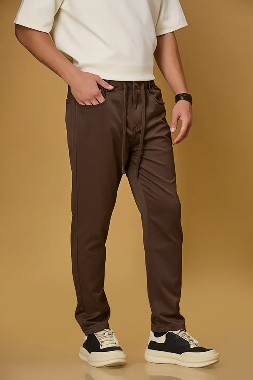 Coffee Brown stretchable trousers side view showing casual comfort fit.