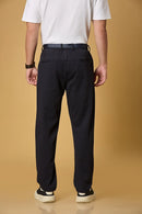 Back view of LOFA navy blue straight fit formal trousers – clean seams, tailored back pockets, and premium stretch fabric.