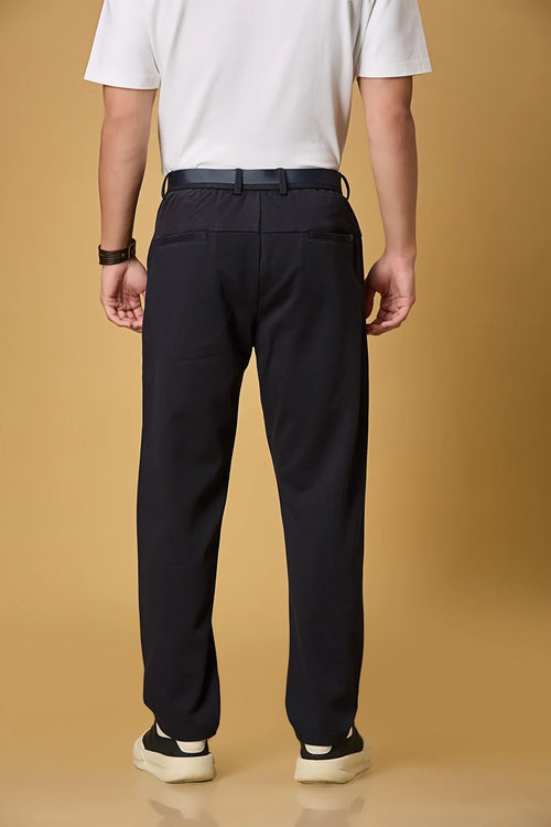 Back view of LOFA navy blue straight fit formal trousers – clean seams, tailored back pockets, and premium stretch fabric.