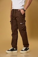 Coffee Brown cargo pants side view showing double cargo pockets and relaxed fit.