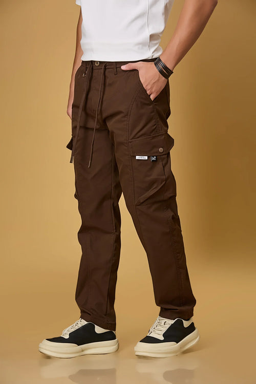 Coffee Brown cargo pants side view showing double cargo pockets and relaxed fit.