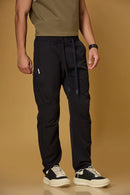Navy Blue stretchable trousers side view showing two side pockets and relaxed fit.