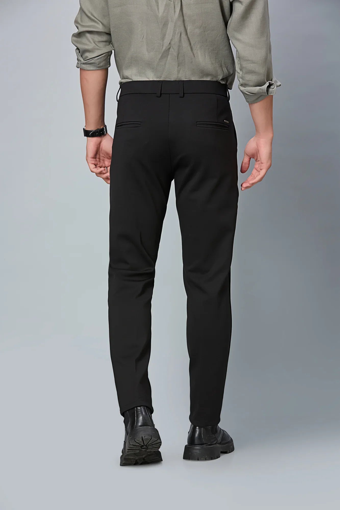 Back view of men’s stretchable formal trousers – clean tailored finish and structured fit by LOFA.