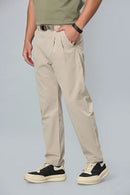 khaki stretchable trousers side view showing comfort fit and pleated front.
