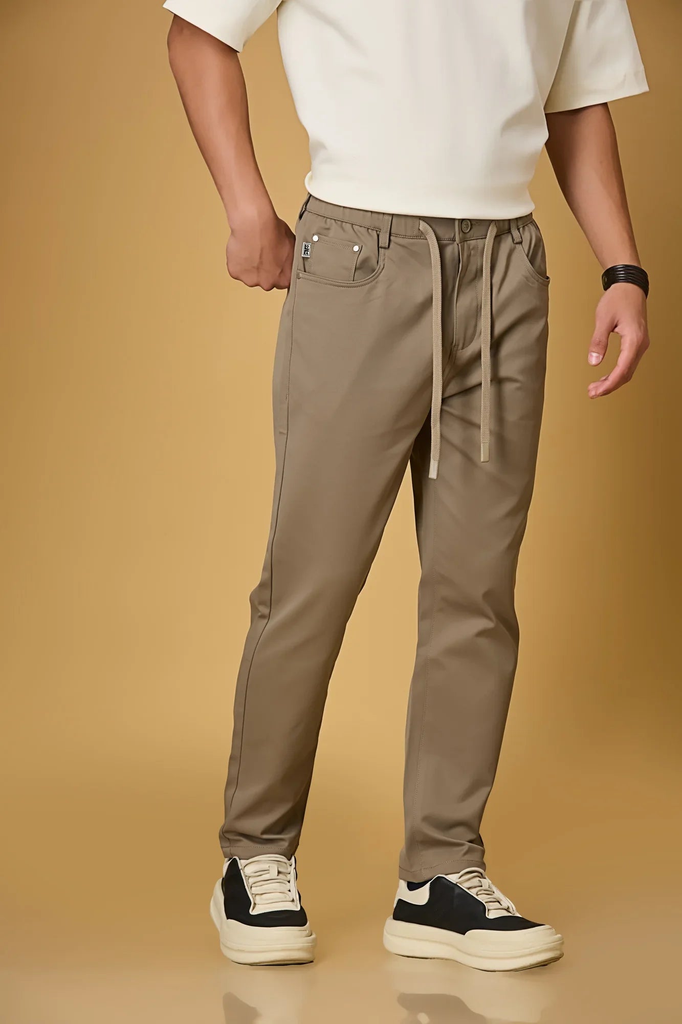 Dark Khaki stretchable trousers side view showing casual comfort fit.