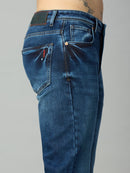 Close-up of waistband, button closure, and premium stitching on men's blue stretch denim jeans