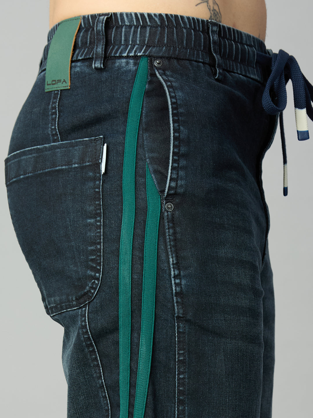 Baggy Fit Stretch Denim Jeans with Green Side Stripe