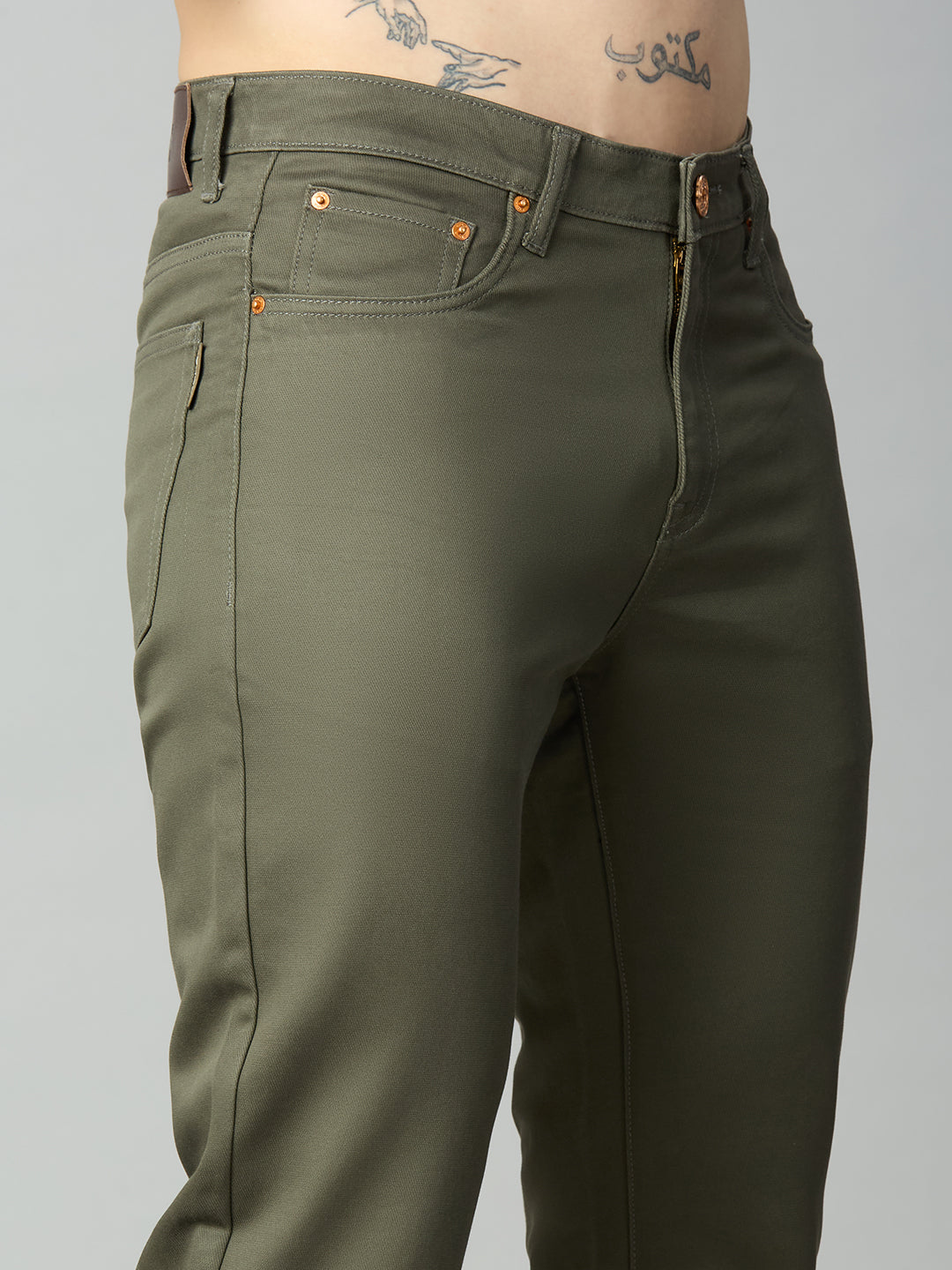 Close-up of premium stretch cotton blend fabric with smooth, refined finish