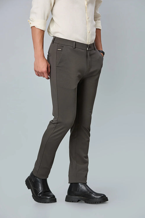 Side view of Grey slim fit formal trousers for men – LOFA comfort stretch design with wrinkle-resistant fabric.