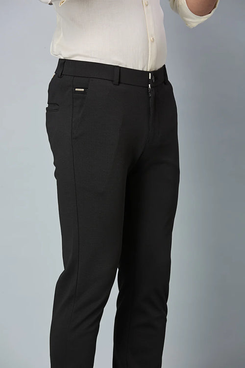 Close-up of cotton–polyester–spandex fabric showing fine stitching and smooth stretch texture of LOFA Black formal trousers.