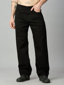 Men's black baggy fit stretch denim jeans with classic five-pocket design – front view
