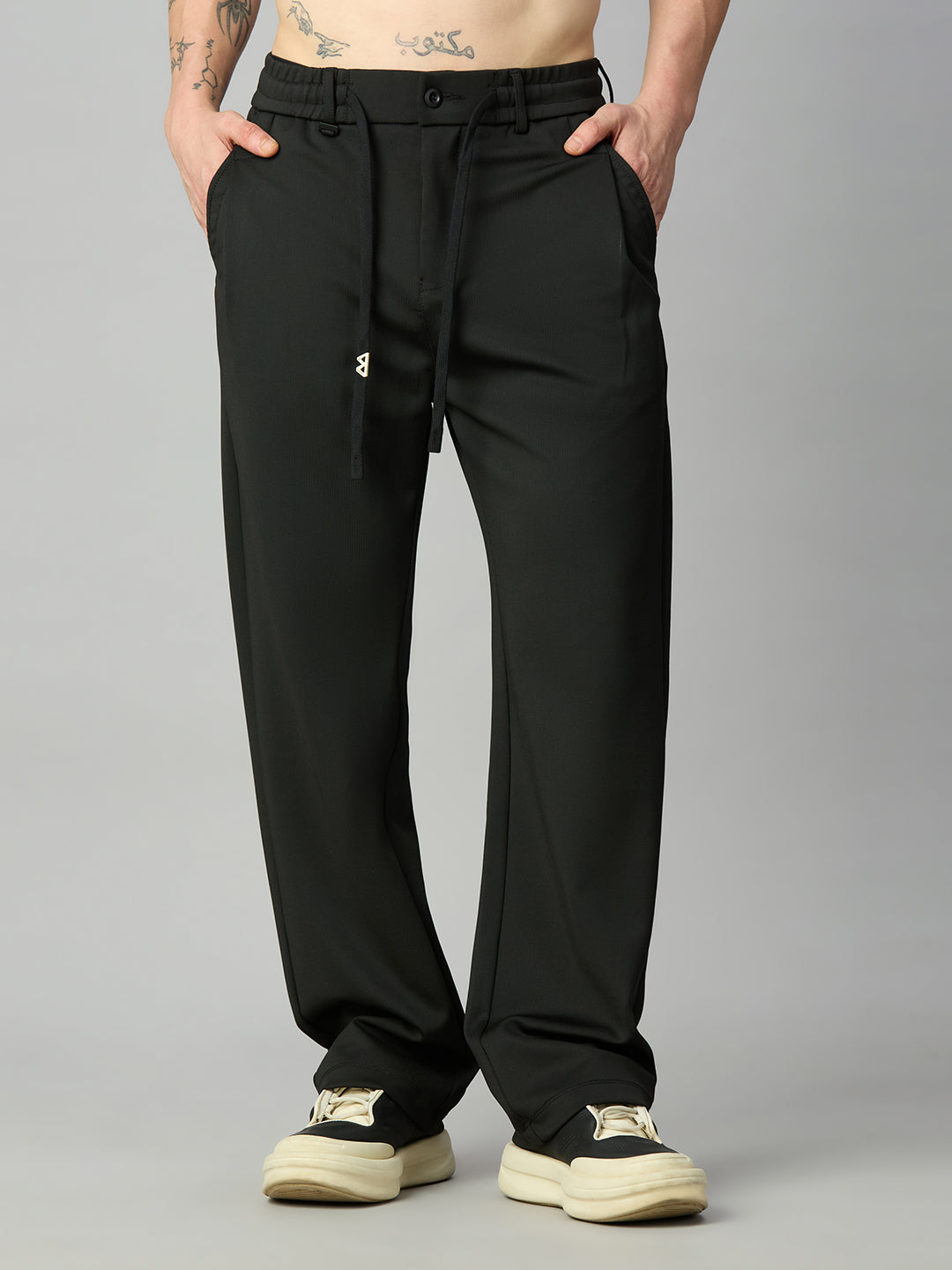 Men's relaxed fit Tencel stretch pants with textured fabric and drawstring waist – front view