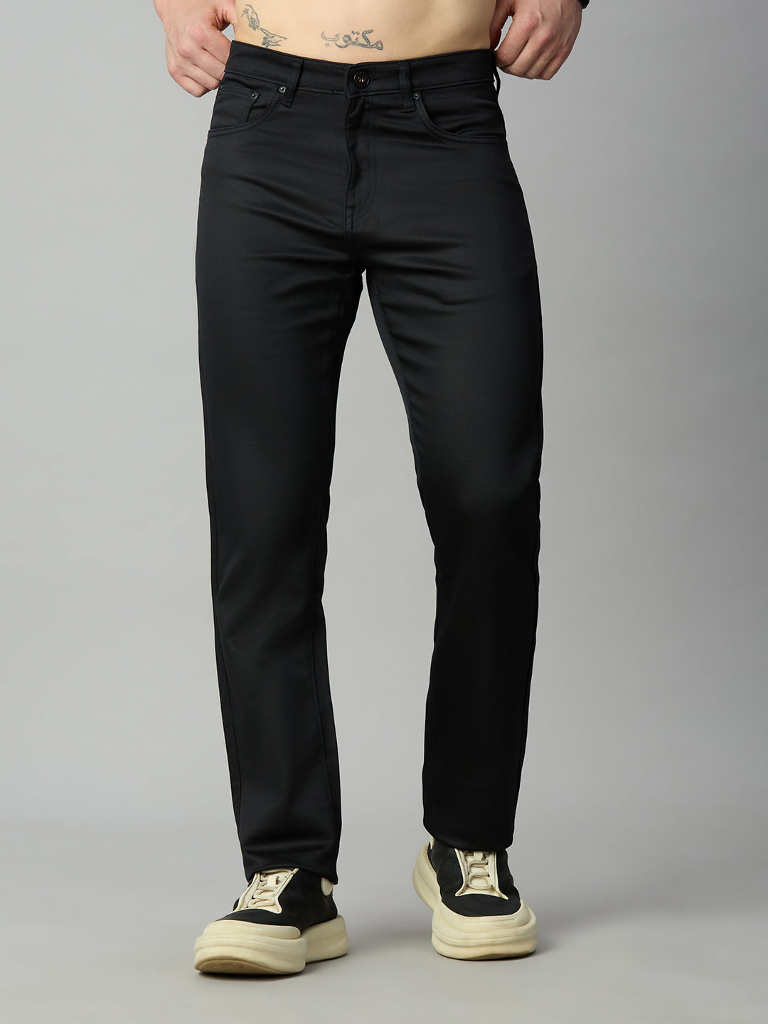 Men's stretch cotton blend straight fit trousers with premium smooth finish – front view