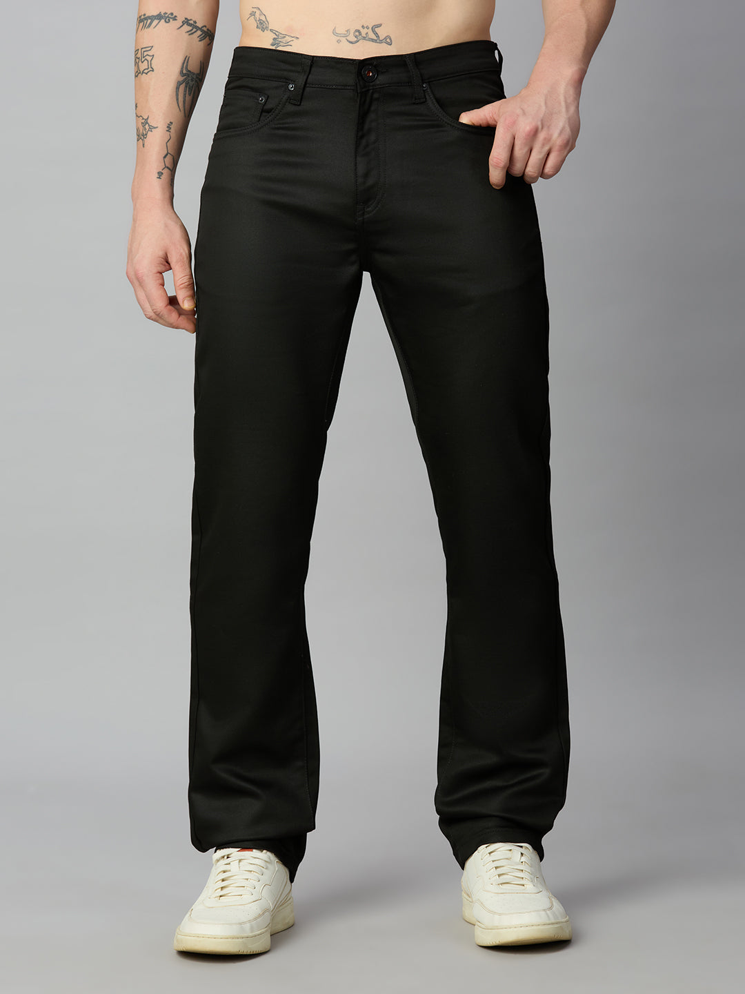 Men's stretch cotton blend straight fit trousers with premium smooth finish – front view