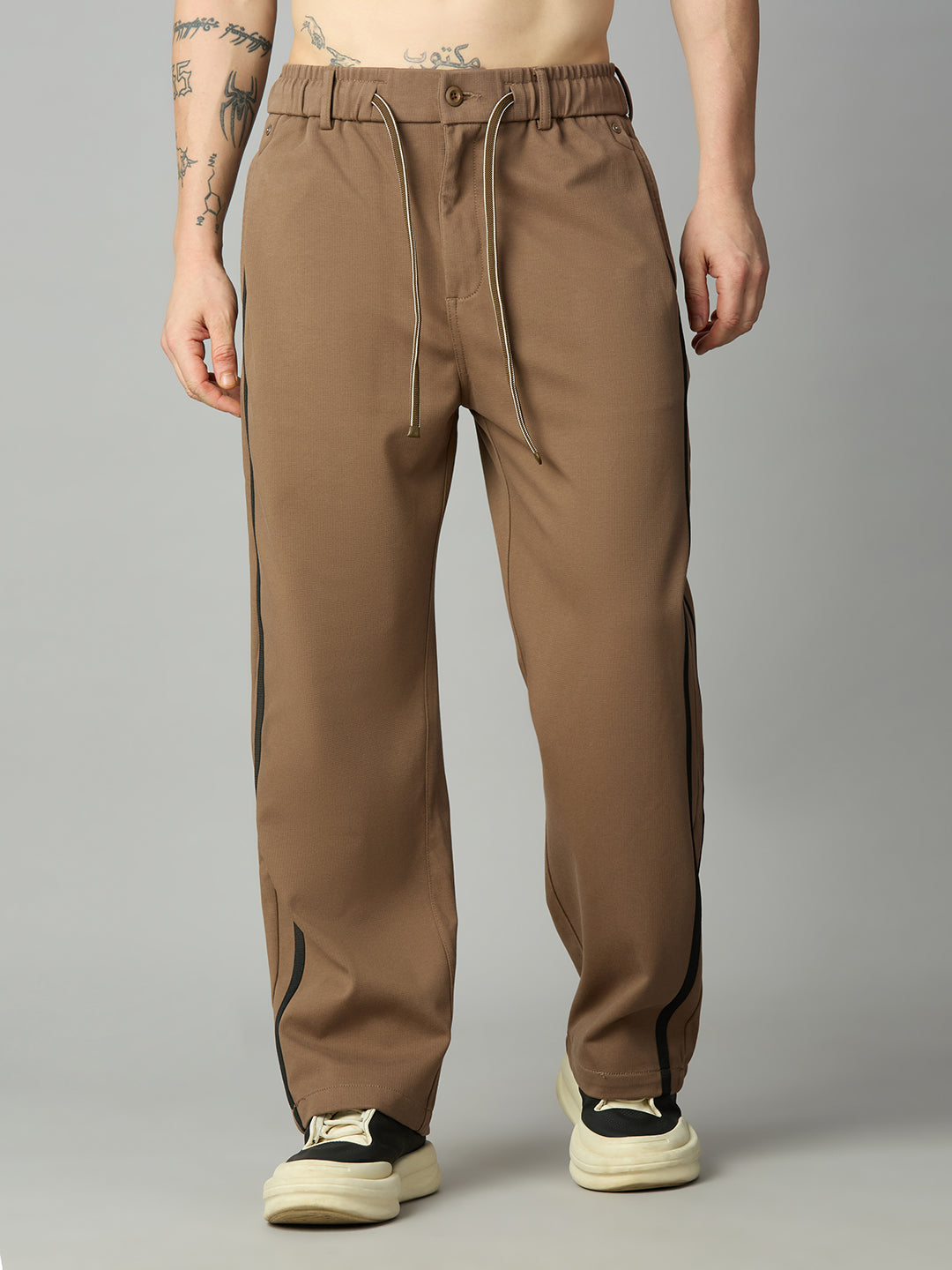 Men's baggy smart pants with side stripes and adjustable drawstring waistband – front view