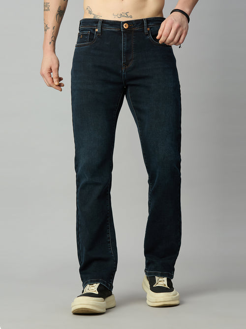 Men's dark wash straight fit stretch denim jeans with classic five-pocket design – front view