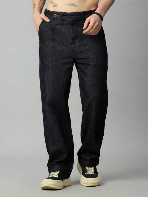 Men's deep blue baggy denim jeans with side waist adjusters and extended waistband – front view