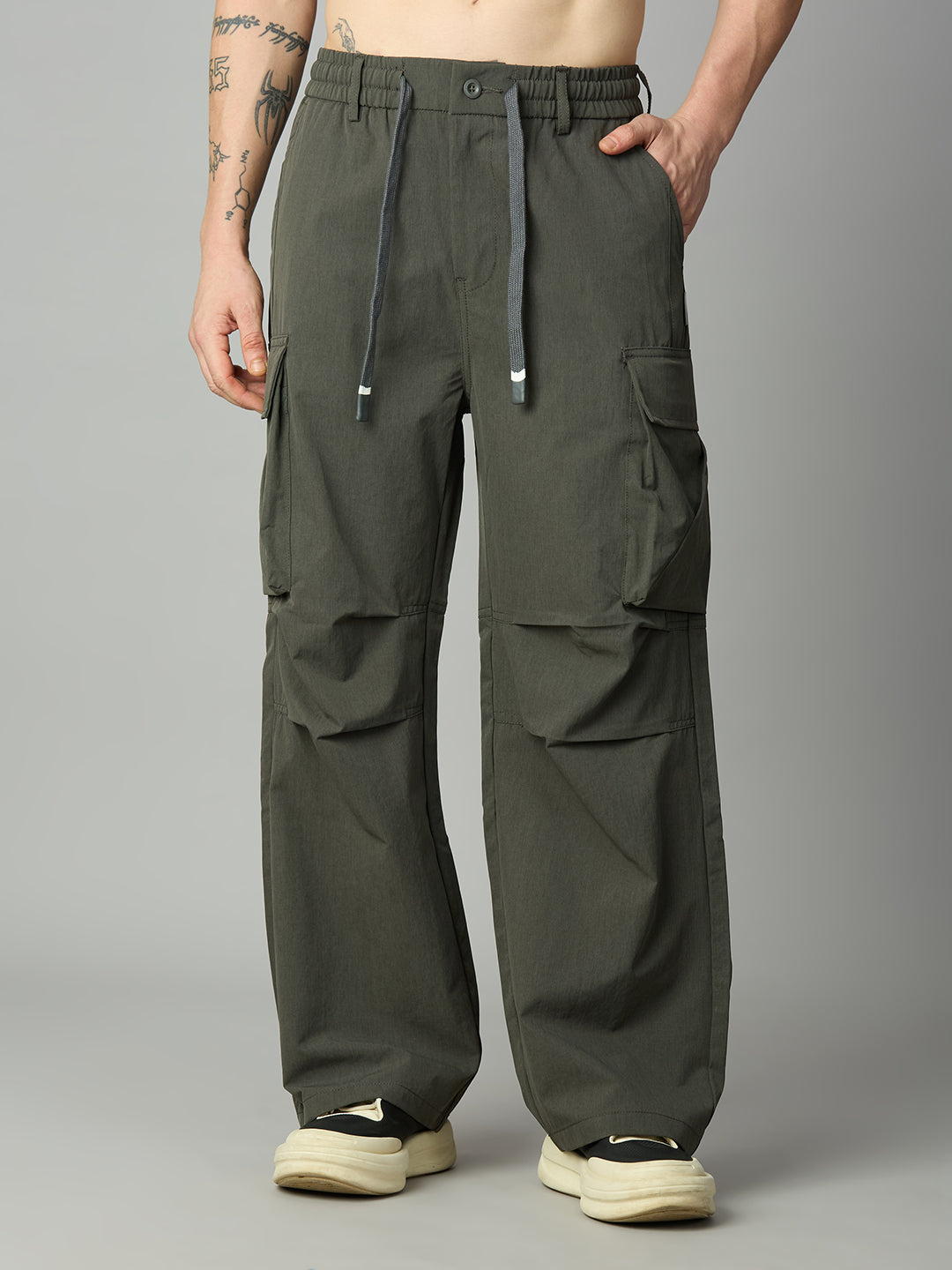 Men's baggy cargo pants with drawstring waist front view