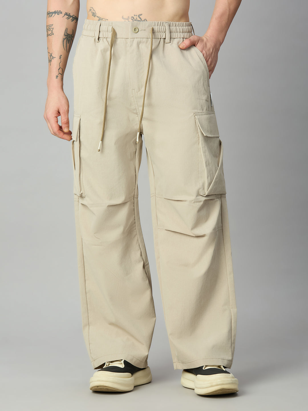 Men's baggy cargo pants with drawstring waist front view
