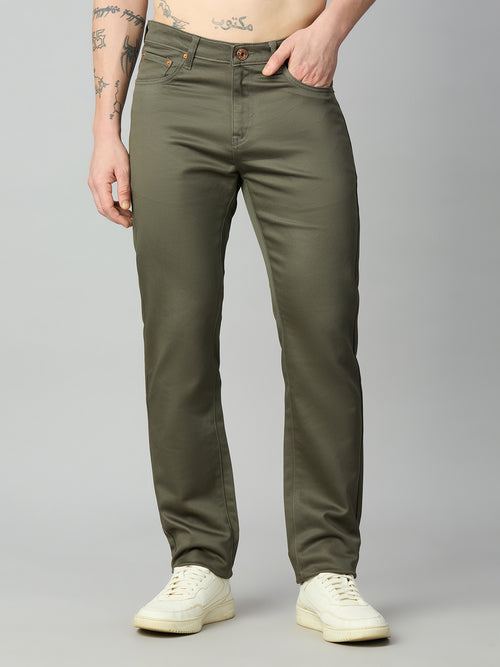 Men's stretch cotton blend straight fit trousers with premium smooth finish – front view