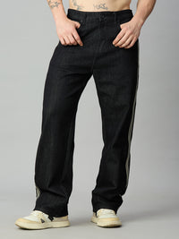 Raw Black Baggy Denim Jeans with Side Stripes
