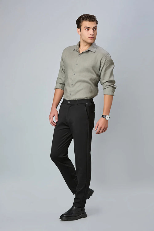 Full look of men’s formal trousers styled with shirt and shoes – LOFA comfort stretch pants for office and formal wear.