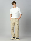 Model wearing The Lofa men's Tencel comfort fit cargo pants with drawstring for a modern streetwear look