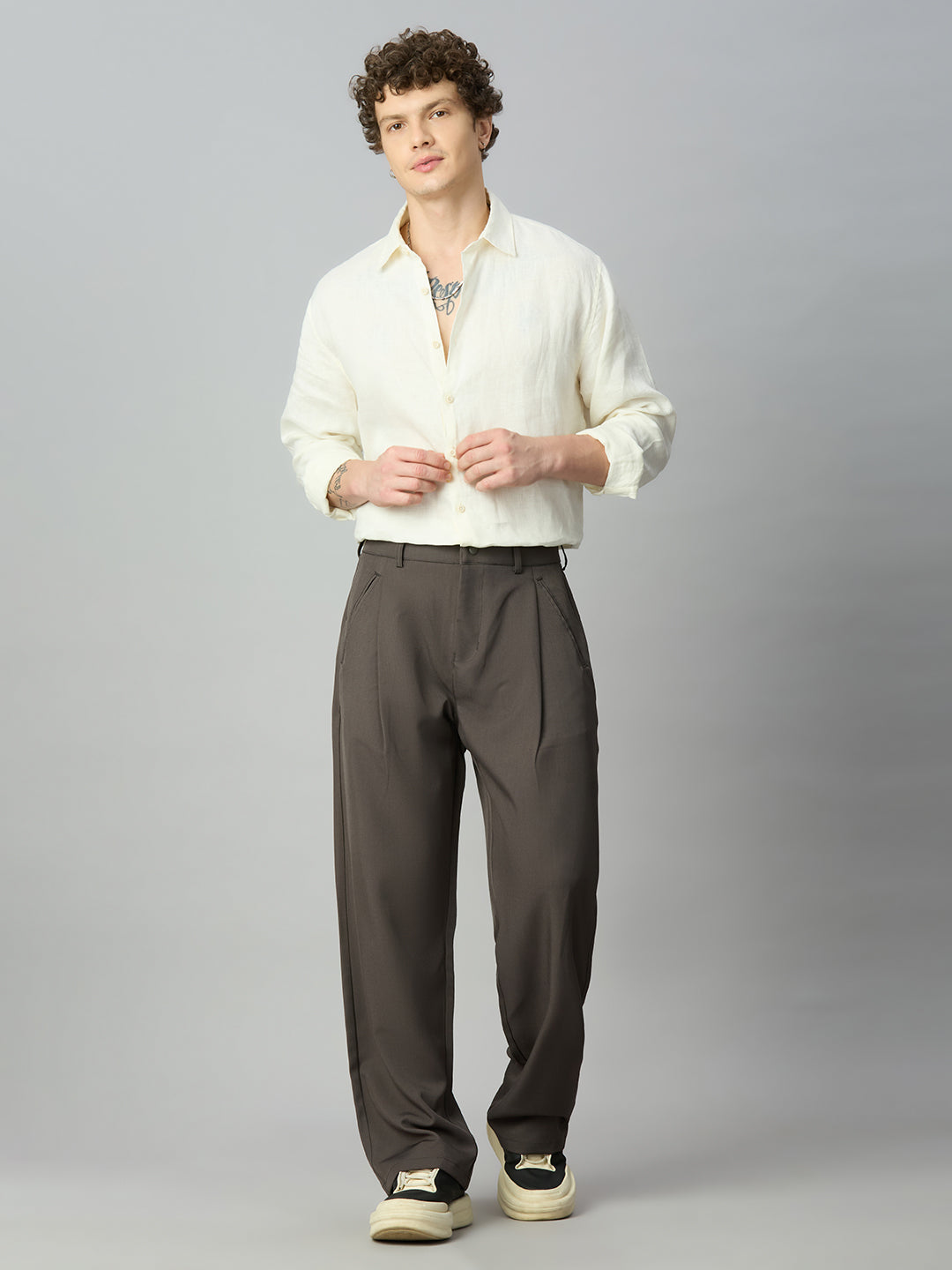 Model wearing Korean fit baggy Tencel pants with contemporary casual styling