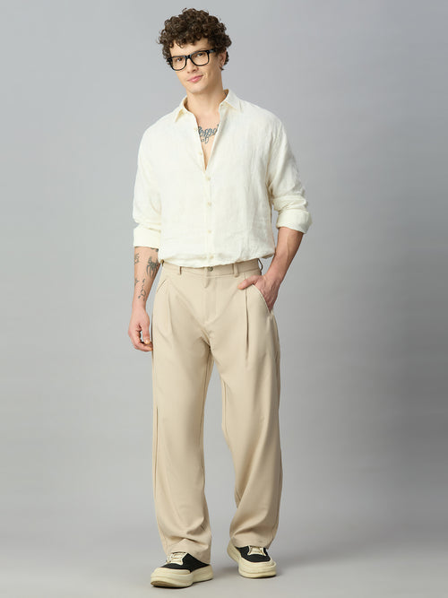 Model wearing Korean fit baggy Tencel pants with contemporary casual styling