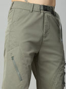 Close-up of premium Tencel fabric, attached belt, and utility detailing on men's cargo pants