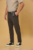 Side view of grey straight fit casual trousers for men – LOFA stretchable Tencel cotton spandex blend with belt detail.