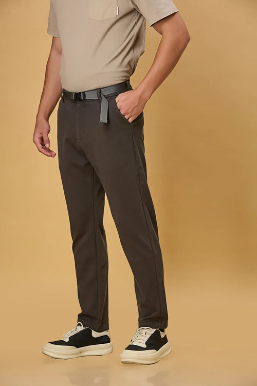 Side view of grey straight fit casual trousers for men – LOFA stretchable Tencel cotton spandex blend with belt detail.