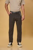 Front view of LOFA men’s grey straight fit trousers with built-in belt – stretchable Tencel cotton blend fabric.