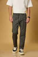 Men’s grey polyester trousers front view – comfort fit, smooth stretchable fabric.