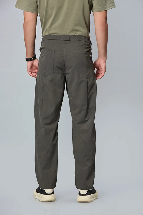 Men’s grey formal trousers back view – 100% polyester with elastic waist.