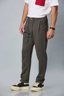 Side View of grey Relaxed Fit Stretchable Trousers with Waist String – LOFA