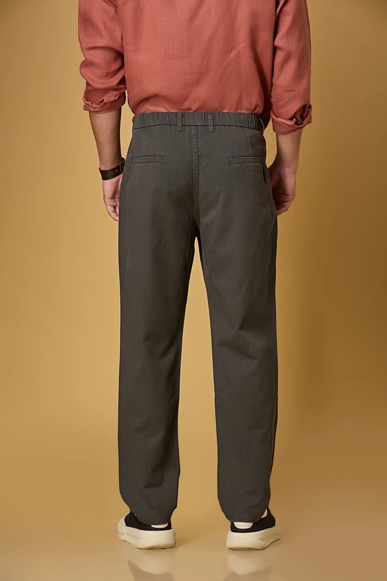 Men’s grey comfort fit trousers back view – soft Tencel-cotton blend.