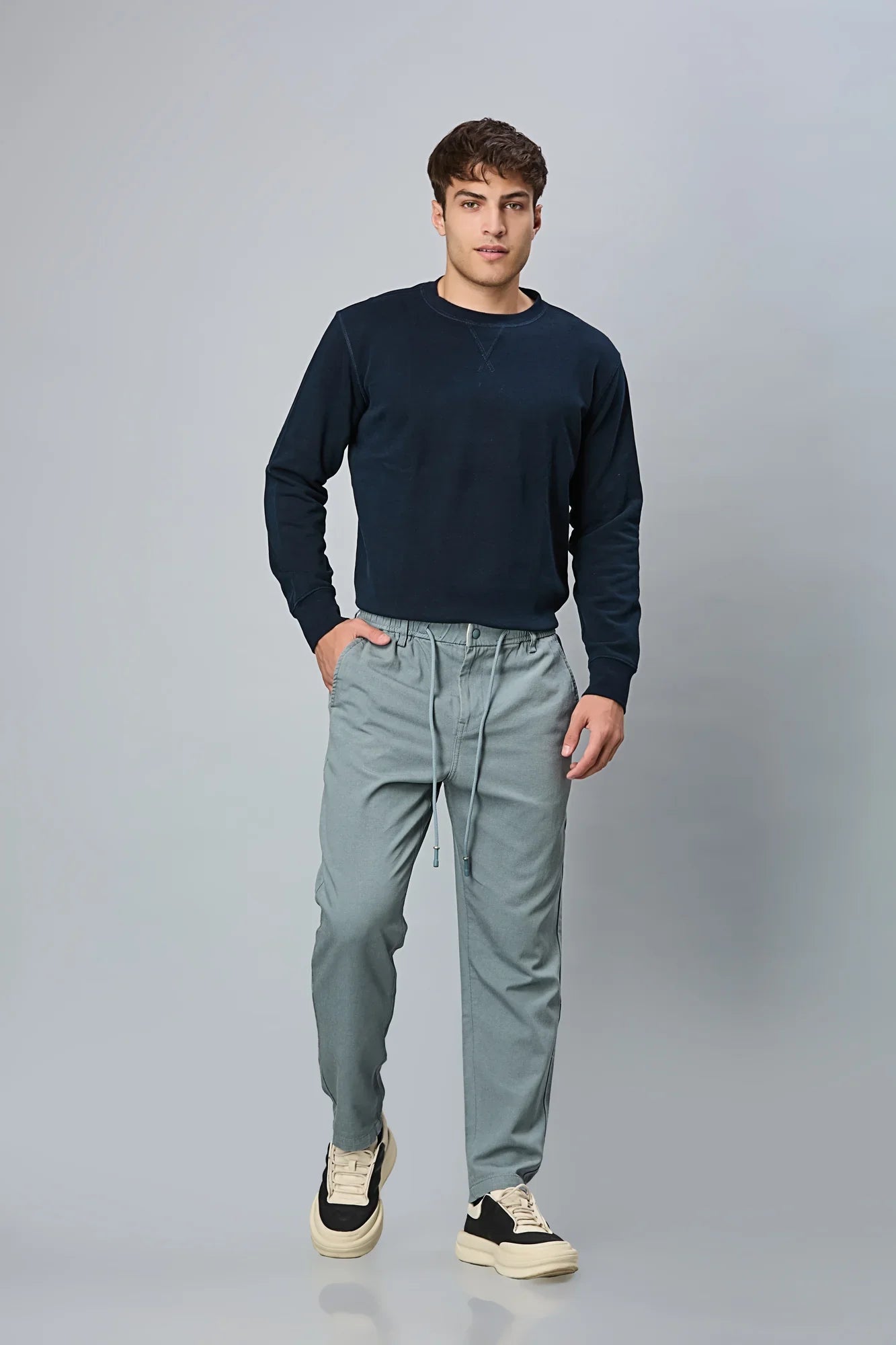LOFA Men’s Aqua Blue Cotton-Tencel Comfort Fit Trousers Styled Full Look