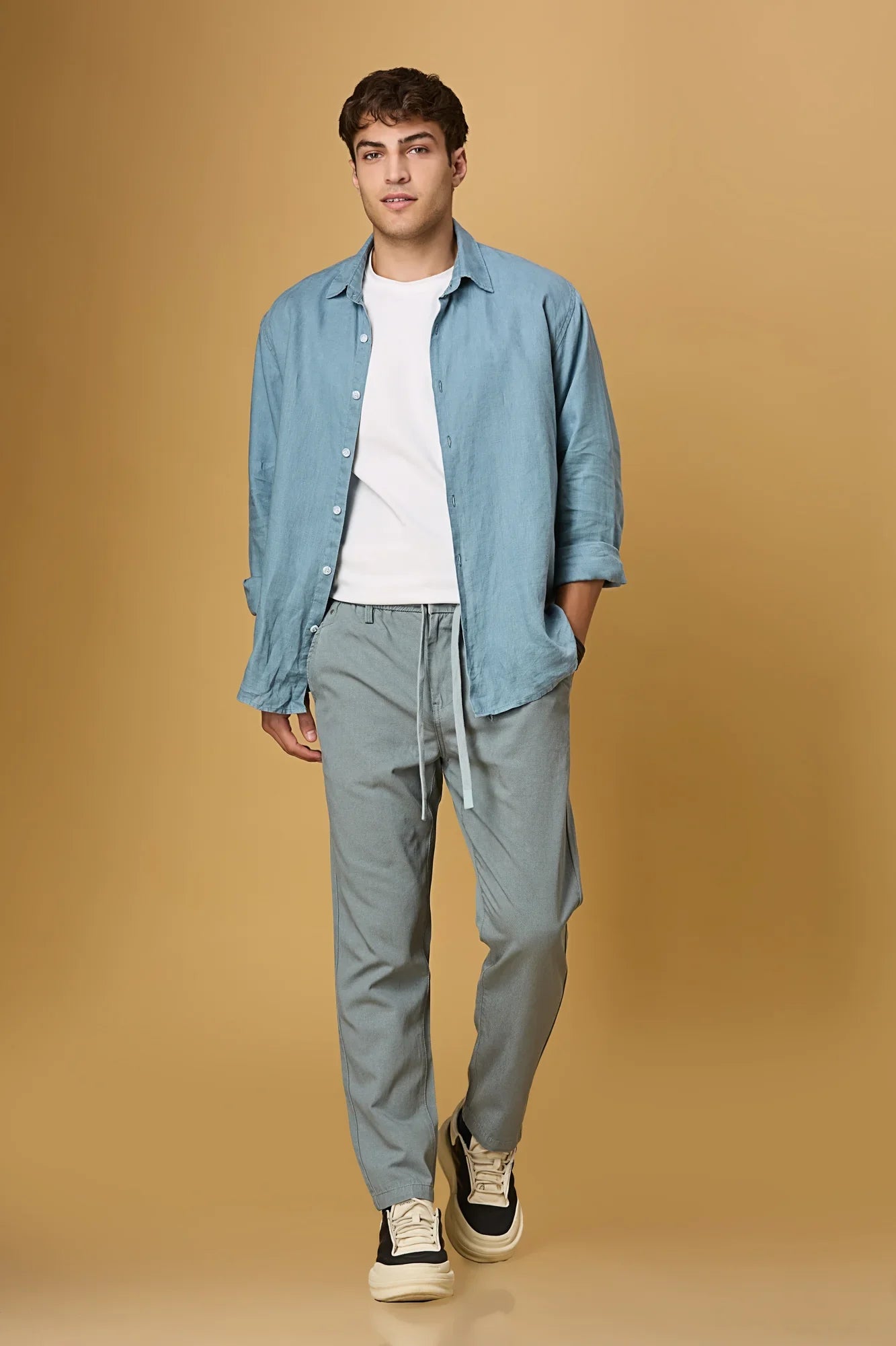 LOFA Aqua Blue comfort fit trousers styled for men – breathable and all-season look.