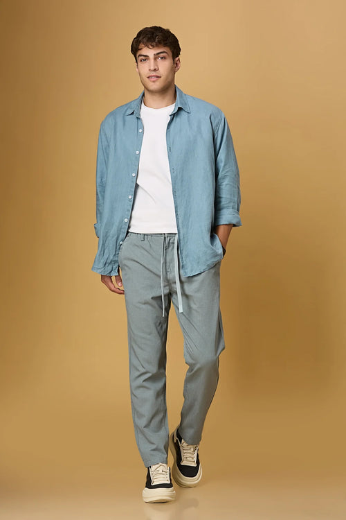 LOFA Aqua Blue comfort fit trousers styled for men – breathable and all-season look.