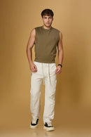 LOFA beige comfort fit trousers styled for men – stretchable and casual look.